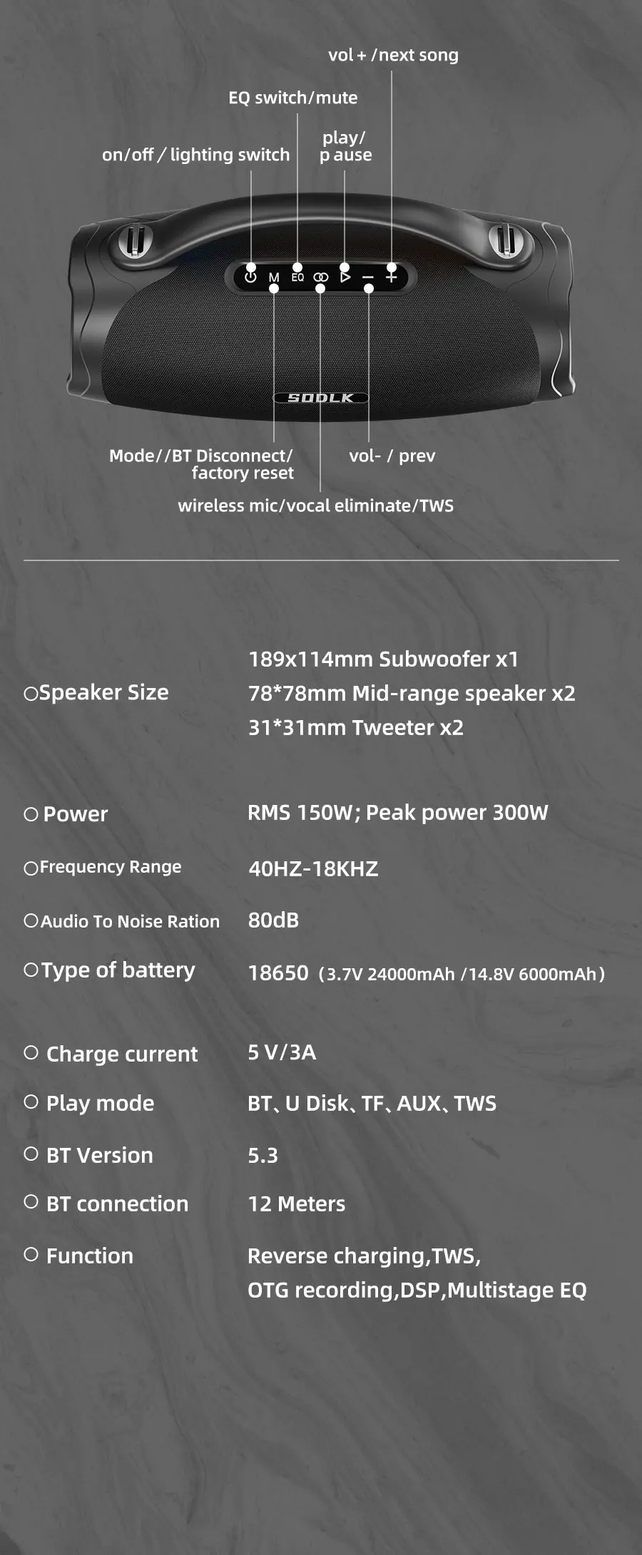 SODLK S1620 300W Wireless Speaker with Deep Bass & RGB Lights