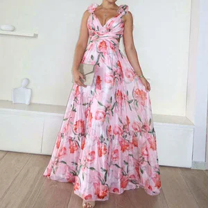 GX8719 Fashion 2025 Women Clothing Boutique Sleeveless V-Neck Backless Printed Maxi Dress Elegant Casual Long Dresses