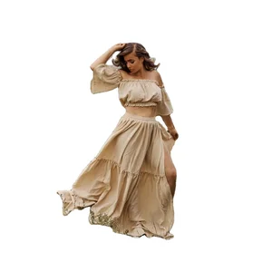 Boho Style 2-in-1 Cotton Long Dress Set Line-Neck Photo Skirt Outfit