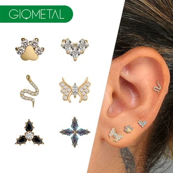 Giometal PVD 18K Gold Gemmed Threaded or Threadless End ASTM F136 Titanium Labret Daith Helix Body Jewelry Piercing Wholesales