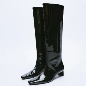 Long Boots: Women's Knee High Knight Boots Patent Leather, Small square Head Thick High Heels Thin Boots