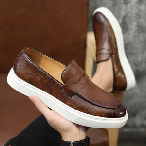 Mens Leather Dress Shoes Breathable British Style Loafers High End Genuine Leather Versatile and Lightweight Casual Board Shoes