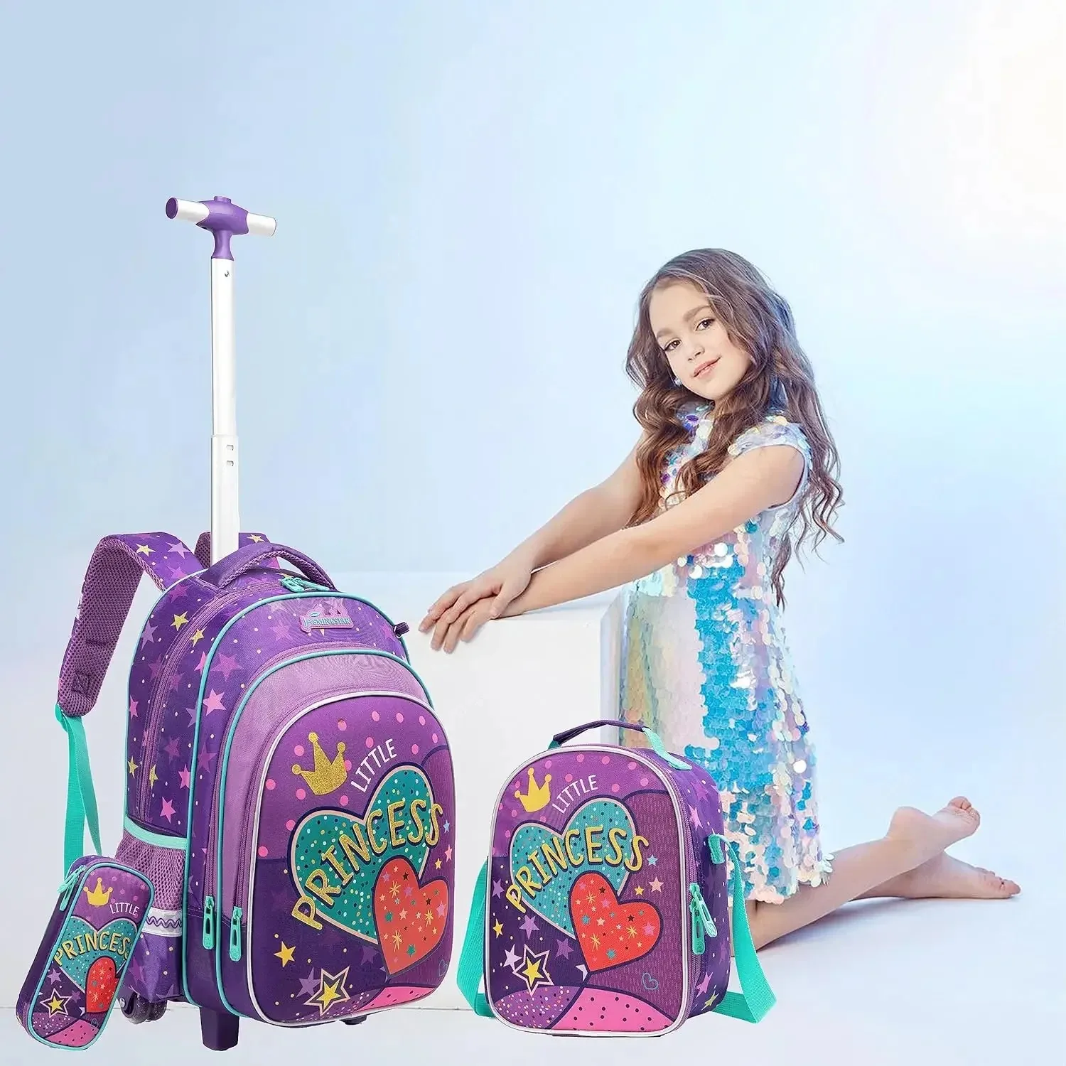 EVA Hard Shell 3pcs Sets Trolley Kids School Bag With Lunch Box and Water Bottle Bagpack School Bag for Teenager Girls