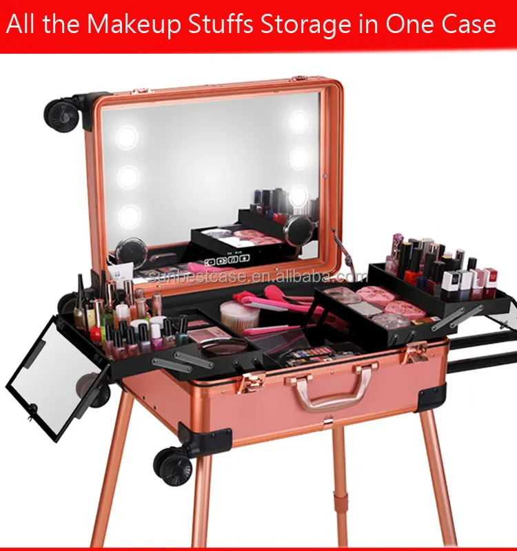 Professional Rolling Makeup Station Trolley Case With Lights Beauty