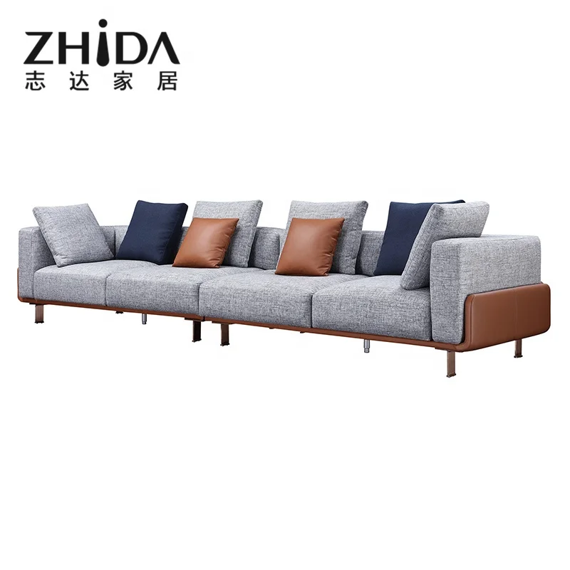 Zhida Factory Custom Made High End Villa Living Room Fabric Sectional Sofa Set Couch Modern Design Genuine Leather l Shape Sofa
