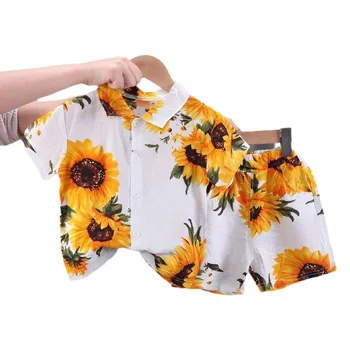 Boys short-sleeved flower shirt Children's summer beach shirt shorts two-piece set 2024 new fashion baby clothes