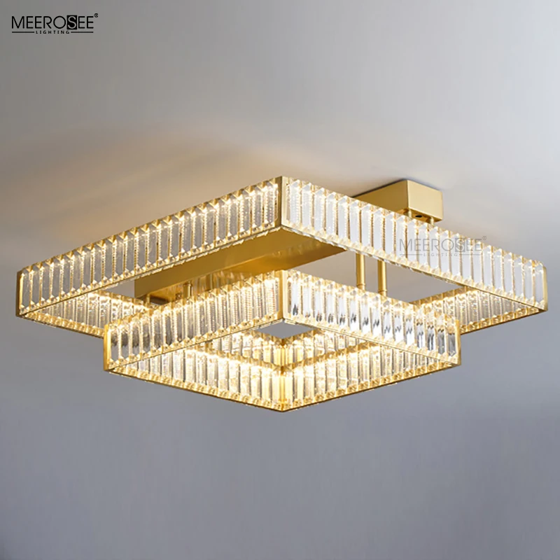 MEEROSEE Golden Pendant Lamp Copper Crystal Chandelier Light Square Rectangle Hanging light for Dinning Living Room MD87222