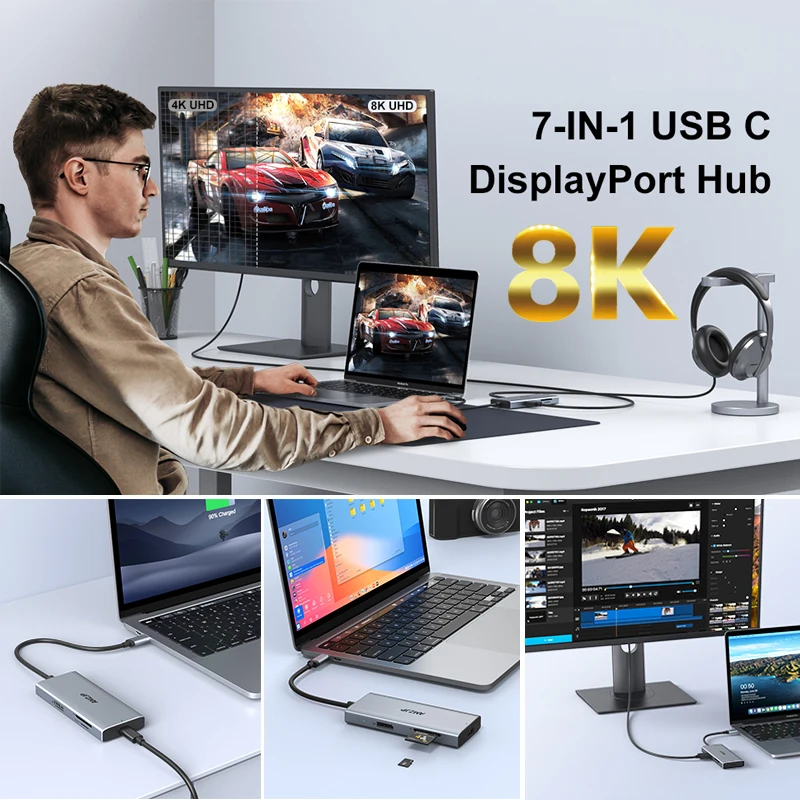 USB C to DisplayPort Adapter DP 8K@60Hz 4K@144Hz2K@240Hz USB C Dongle 7 in 1 with PD Charging 3 USB card reader for Steam Deck