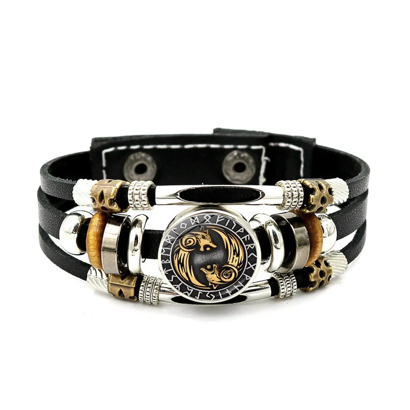 Sehaby 2 Bracciali In Pelle Vikinga Con Totem Drago E Bussola - Regolabili, Design Maschile Vintage