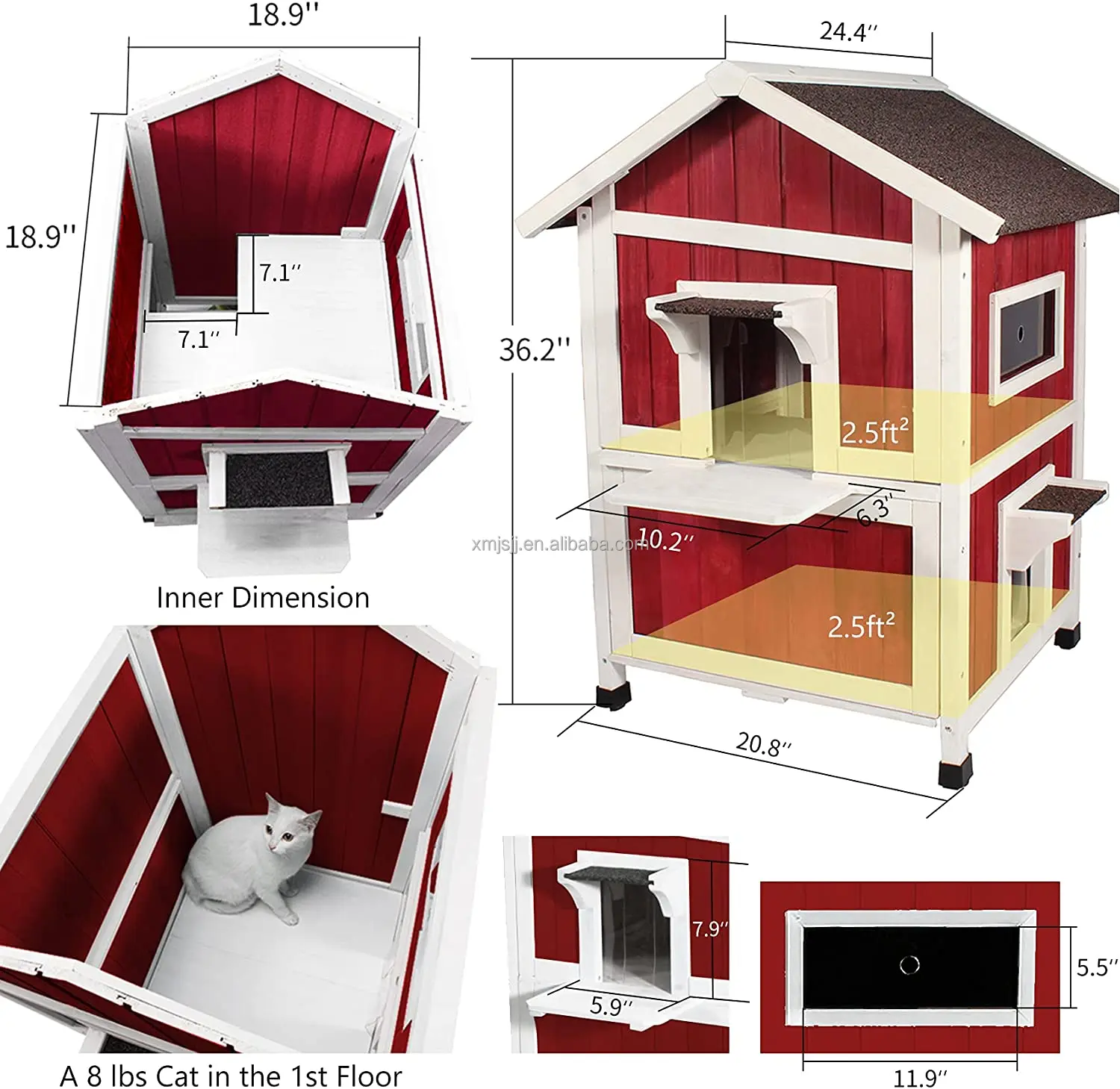 2-Tier Wooden Outdoor Cat House With Escape Door – Rainproof Kitty Shelter (Gray/White)