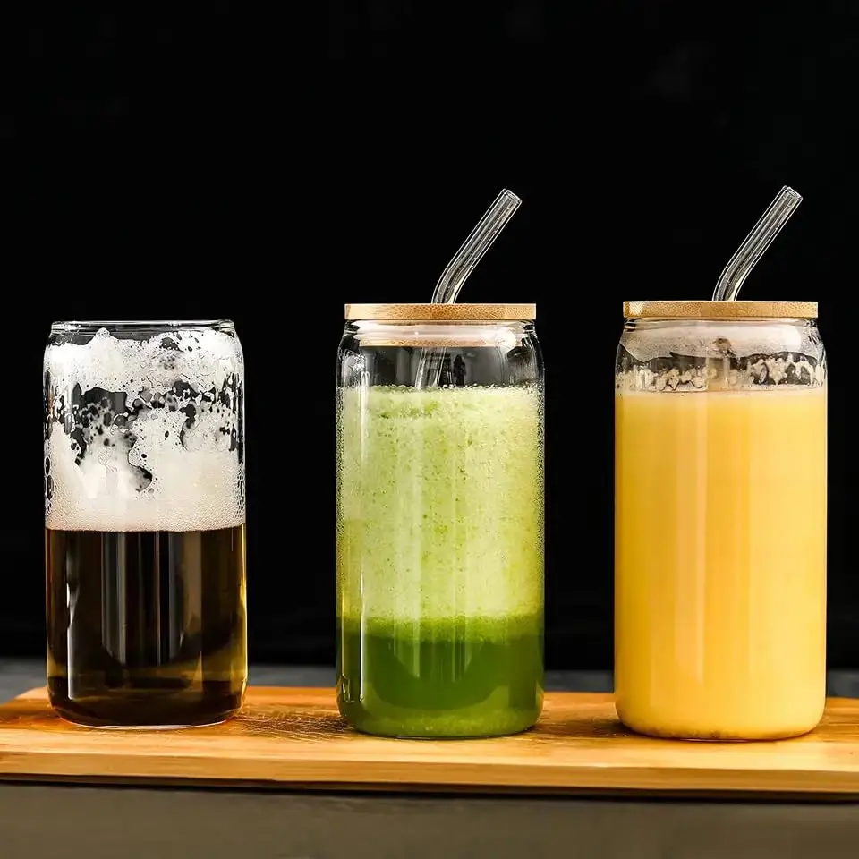Wholesale Reusable 350ml/550ml Can Shape Clear Glass Cup With Bamboo