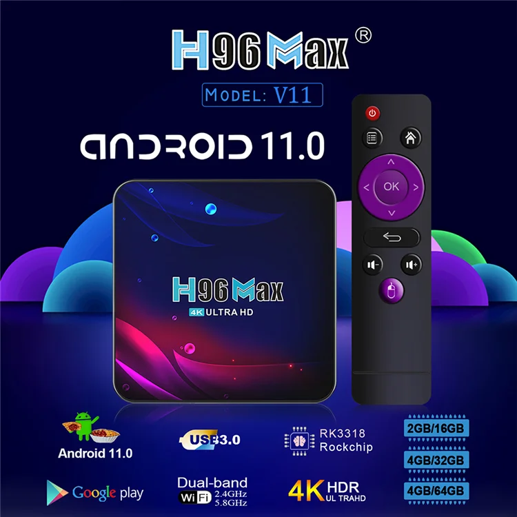 QUNSHI TECH Wholesale Factory Price H96 Max V11 RK3318 Dual Dual Band Wifi 4g 32g 4k Smart TV Android Set Top Box H96max