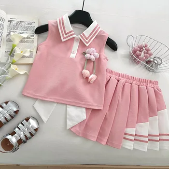 2025 Summer Girls' Casual Style Vest Pleated Skirt Set New Sleeveless Two-Piece Sweet Cute Foreign for Children's Baby Suit