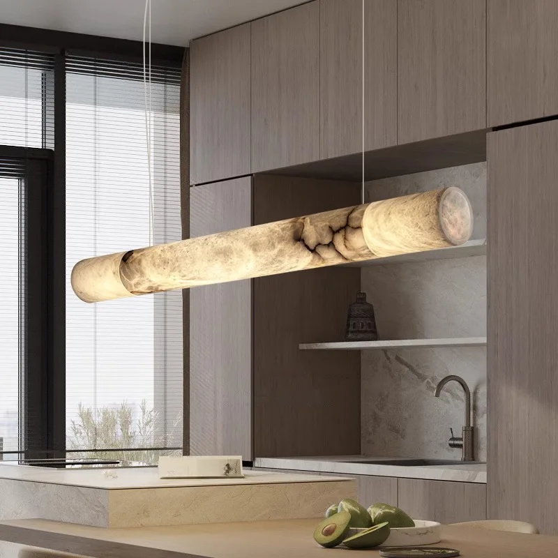 All Copper Natural Marble LED Chandelier Ceiling-Mounted Dimmable Luxury Dining Bar Lamp Chinese Character Strip Middle Size