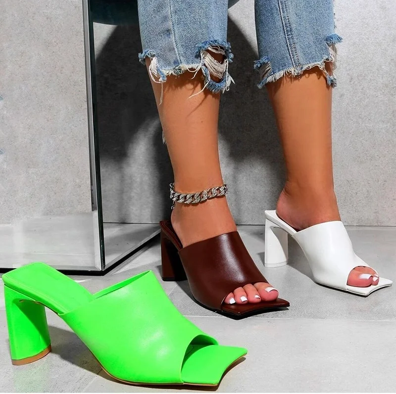 Women Peep Toe Multi Color Mid Block Heel Slipper Mule Sandals Shoes Square Toe 