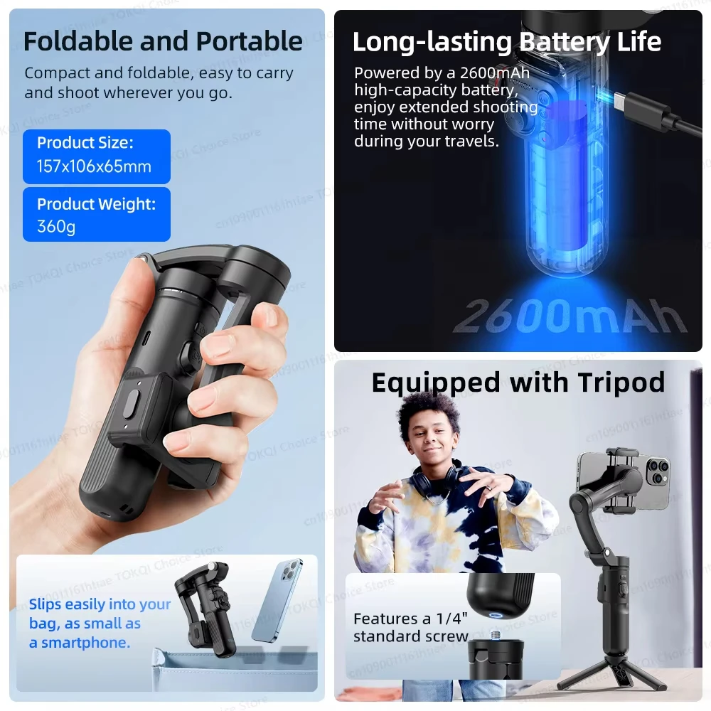 Tokqi M02 360 AI Tracking Handheld Smartphone Gimbal Black Mobile Phone Stabilizer with Remote Control Zoom Camera