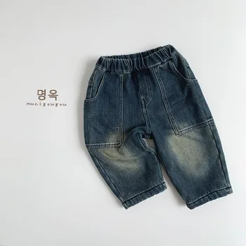 2025 Winter New Casual Style Boys and Girls Denim Fleece-Lined Pants Children Toddler Loose Thick Warm Pants