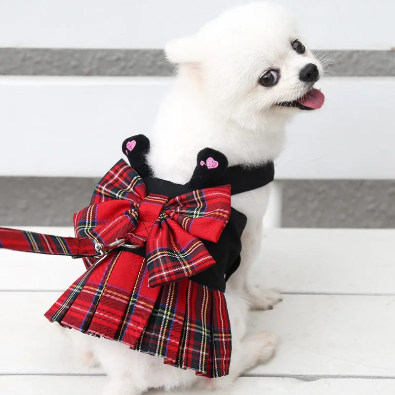 Fashion Plaid Cute Fabric Dress Shirt Dog Harness with Set Leash