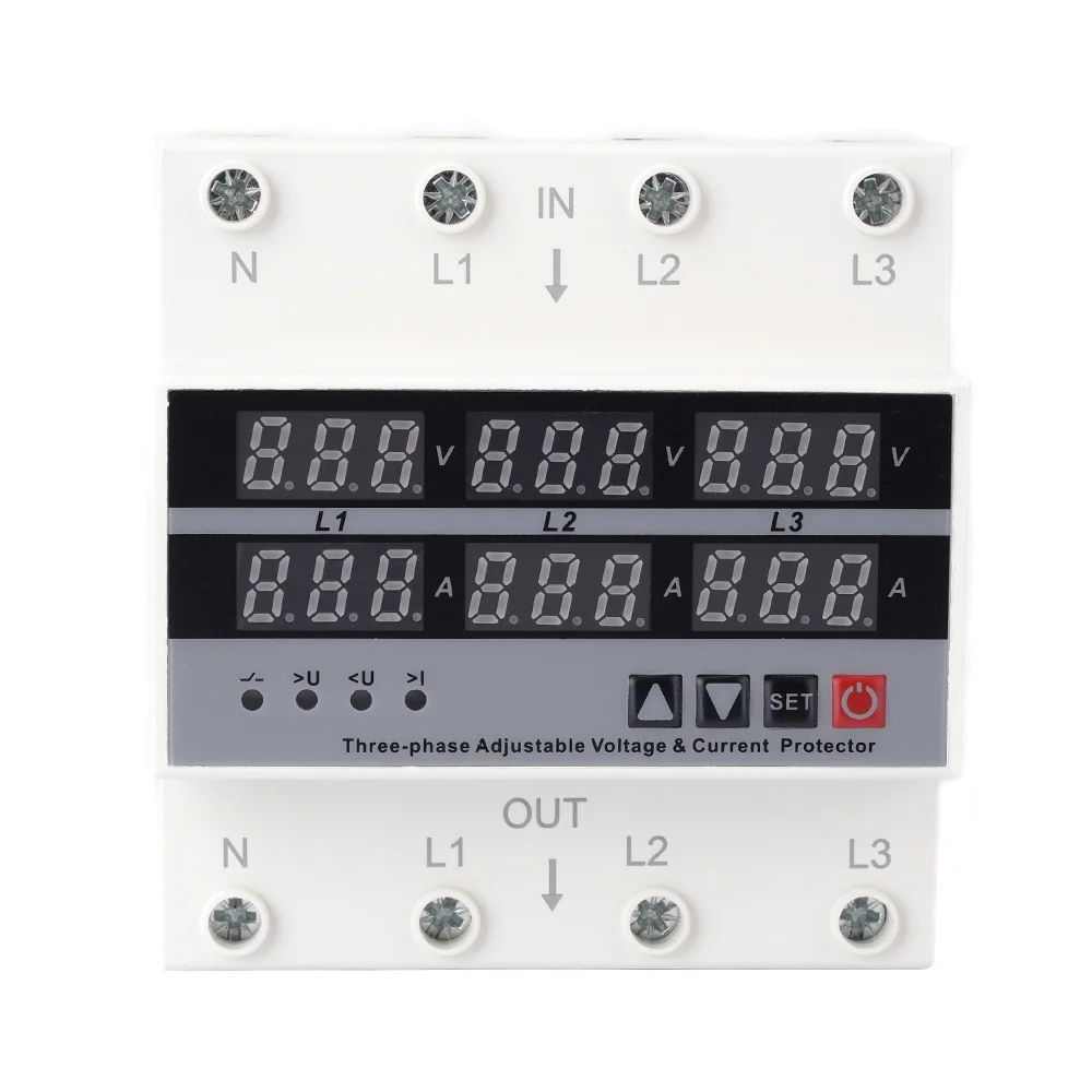Three Phase Over Under Voltage Protector 63A Adjustable Dual Digital Din Rail Relay Surge Limit Over Current Protection