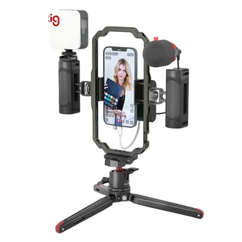 SmallRig Universal Phone Vlog Tripod Video Rig Kit for IPhone 13 12 Case Cage with 2 Handle Remote Control Microphone LED Light
