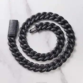 VVS Moissanite Cuban Chain Jewelry 13mm S925 Silver Black Plated Hip Hop Necklace for Men Black Diamond Cuban Link Chain