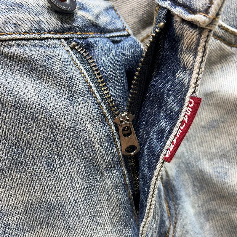 Vintage-stijl, hoogwaardige versleten en gescheurde nylon/katoenen korte broek voor heren, trendy slim-fit, elastisch, rechte pasvorm, zomerse casual stijl, middellange lengte