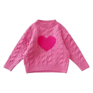 Customizable Winter New Design O-neck Girls Sweaters Cute Knitted Kids Bottoming Sweater With Pink Heart Pattern