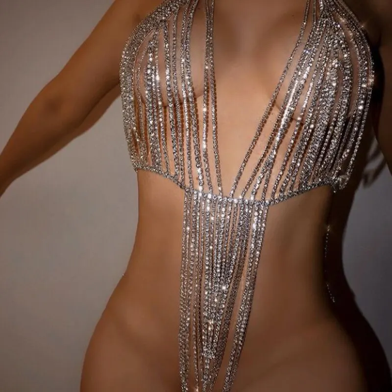 Custom Bikini Sexy Chest Chain Nightclub Party Shiny Rhinestone Body