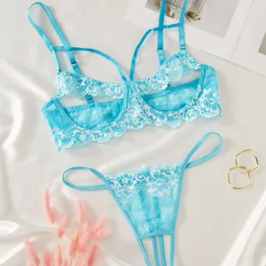 2026 Cross-Border Lace-Up Plunge Neckline Passionate Temptation Sheer Lace Mesh Sexy Lingerie Set