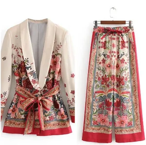 Wholesale 2026 European and American Spring New Style Belt Printed Casual Suit Coat Wide Leg Pants Women's Set