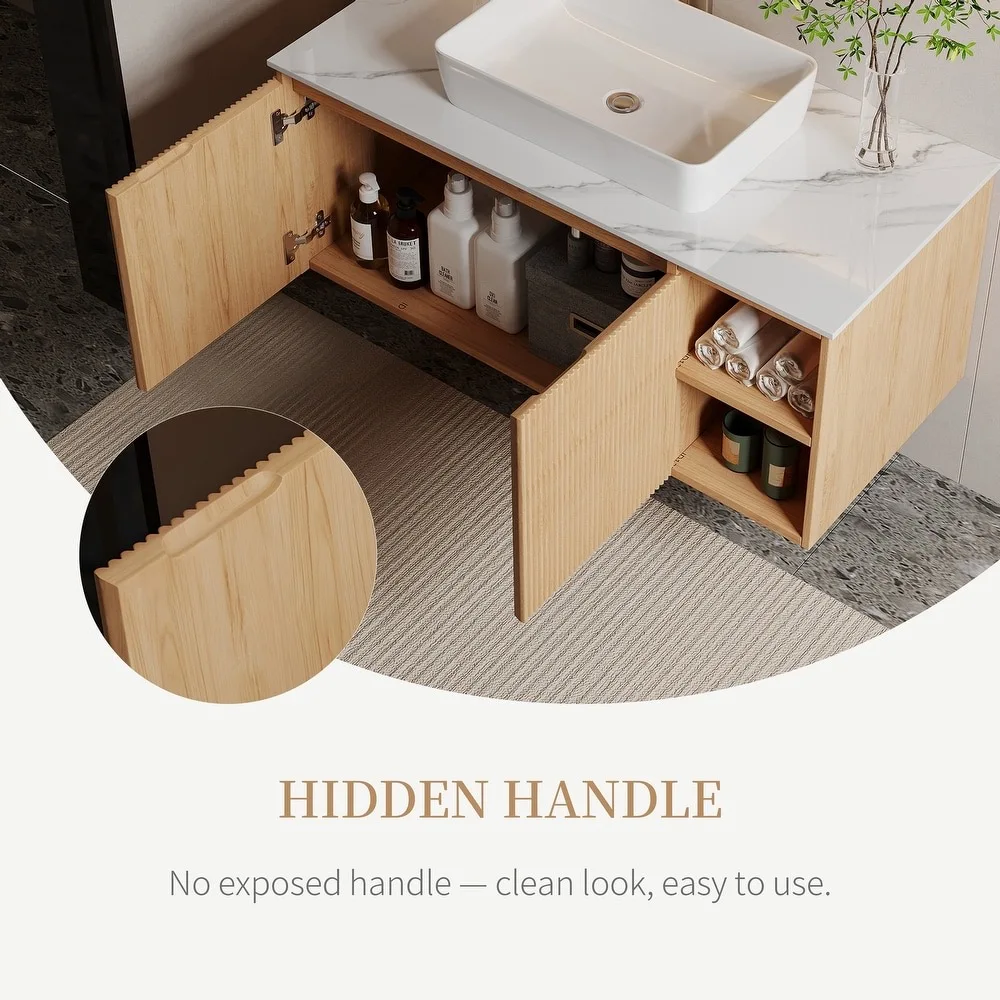 product wall mounted luxury style  ribbed  textured vanity wall hung bathroom cabinet vanity with mirror basin-9