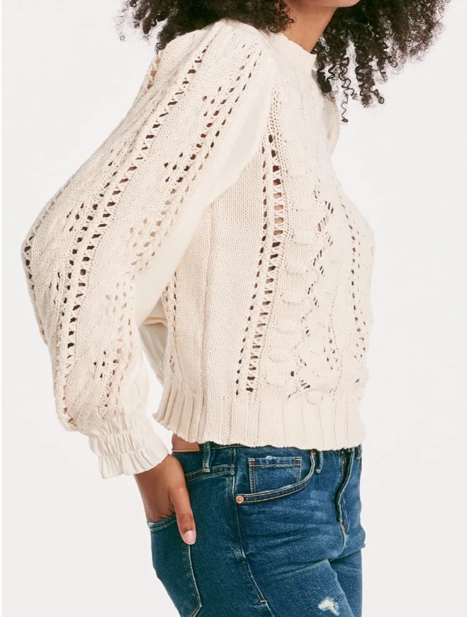 Young Ladies For Cream Jacquard Crochet Long Sleeve Sweater Hollow Details Color Matching Stitching For Leisure Going Women