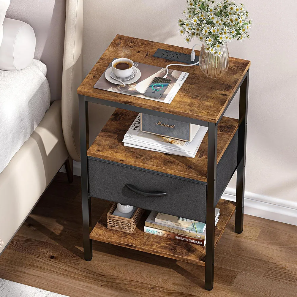 Modern 3-Tier Storage End Table Adjustable Fabric Drawer Nightstand Charging Station for Bedroom Home Use manufacture