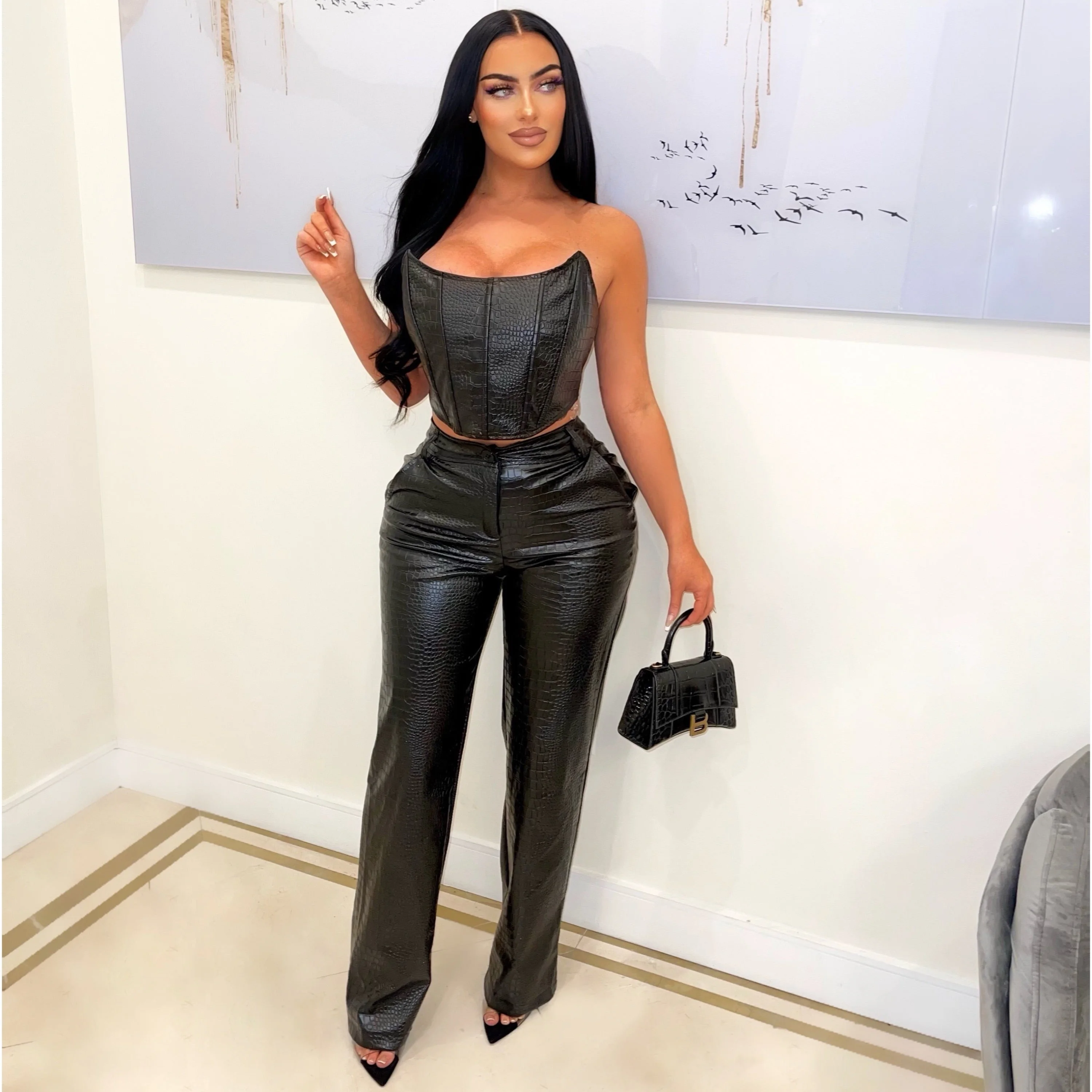 Fashion Sexy Faux Leather Two Piece Legging Set With Tube Crop Top And High Waist Leather