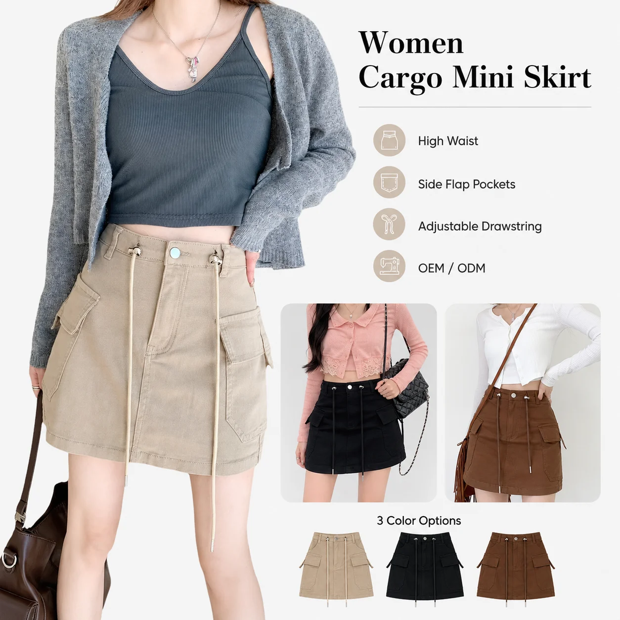 Custom Summer Women's Cargo Short Mini Pencil Denim Waist Knit Ladies Jeans Skirt with Vintage Print Elegant Midi with Pockets