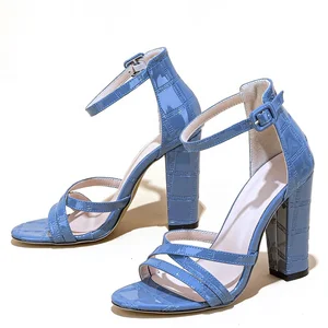 Fashion Blue Women Summer Sandals Chunky Square Heel Open Toe Crisscross Buckle Strap Girls Evening Shoes Block Heels