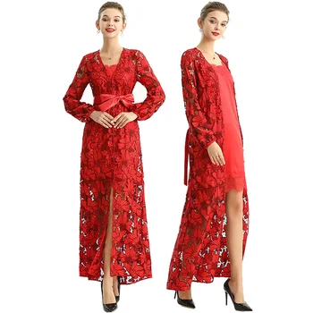 C165-1 Elegant casual dresses lace Fashion Elegant Long Office Evening Casual vintage red evening dresses for women