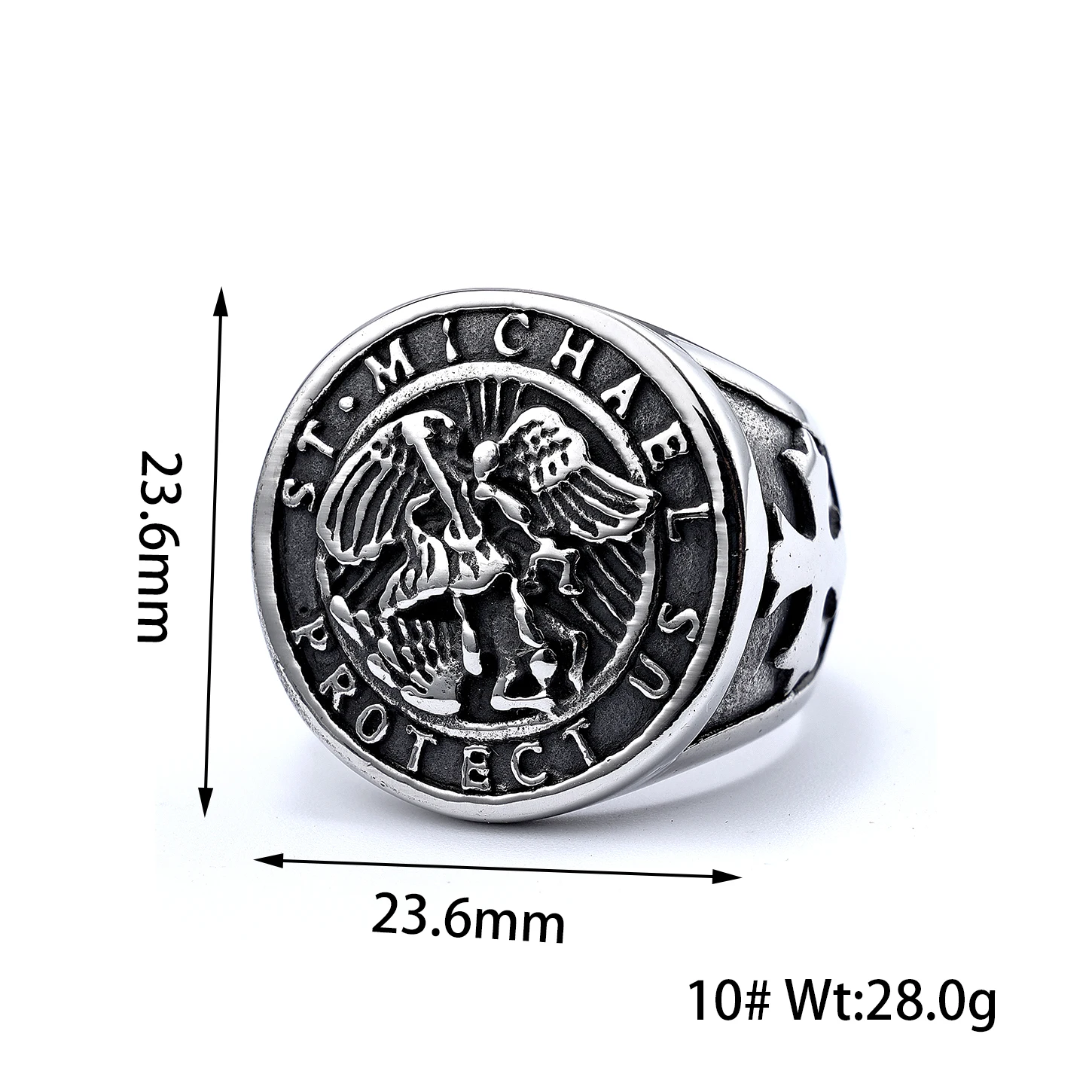 RTS Gold Silver Stainless Steel Men's Religious Spiritual Angel Ring  Catholic Archangel Cross Signet Ring Wholesale