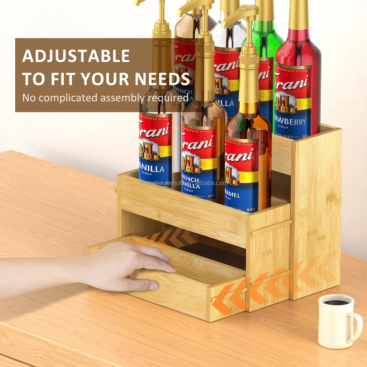 3 Tier Bamboo Pull-Out Syrup Bottle Holder Stand Coffee Syrup Organizer ...