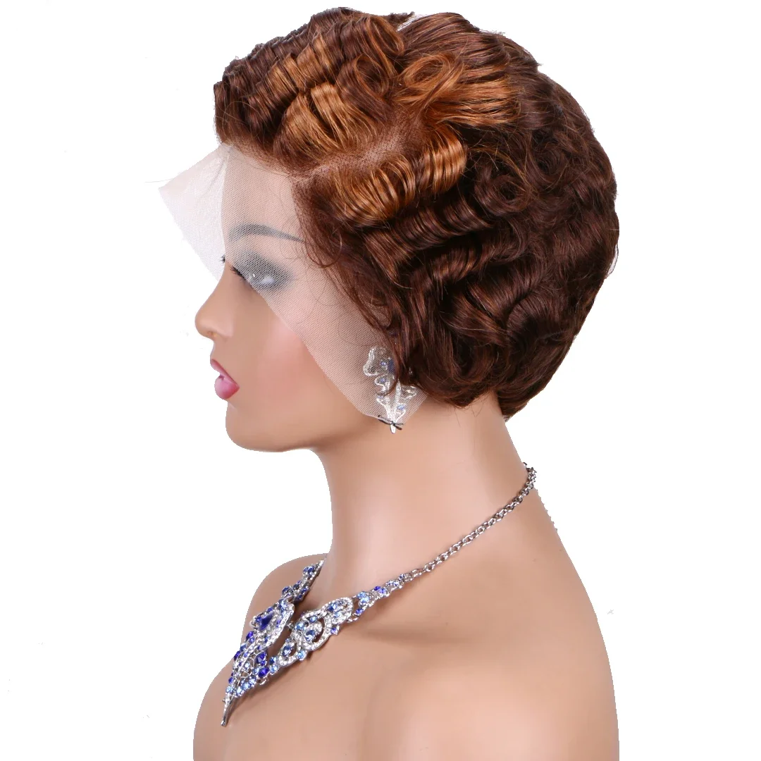 P4/30 Highlight Pixie Curly 13*4 Lace Frontal Human Hair Wig Indian Short Bob Wig_voghion.com