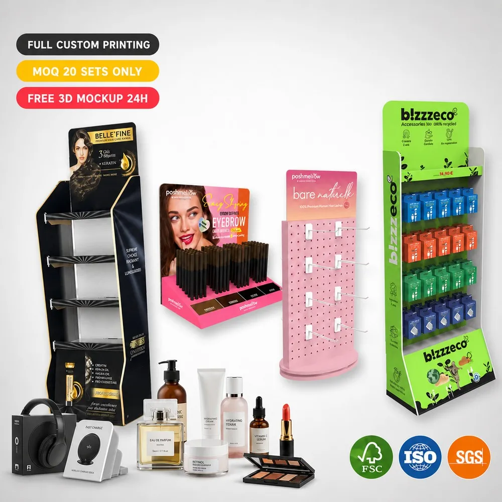 Apache Custom PVC Foam Board Display Stand Forex Floor Display Rack Retail Store POP Shelf Hooks for Cosmetics Phone Accessories