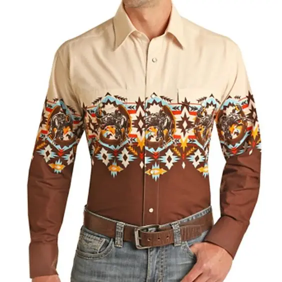 Lässiges Retro-Herren-Langarm-Stehkragenhemd im amerikanischen Western-Denim-Stil, individuell, personalisierbar, bedruckt114_voghion.com