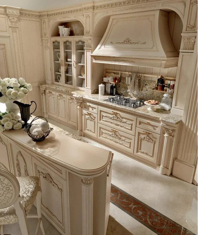 Antique style European high end luxury modular solid wood kitchen with island design cabinet