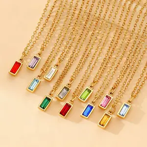 MW Women's Minimalist 18K Gold-Plated Stainless Steel Rectangle Colored Zircon 12 Birthstone Pendant Necklace