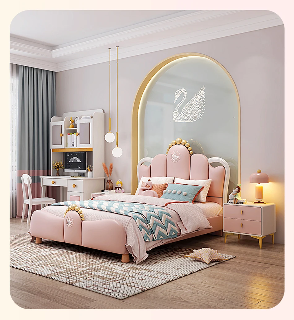 Modern Cute Pink Crown Leather Kids' Bedroom Furniture Upholstered