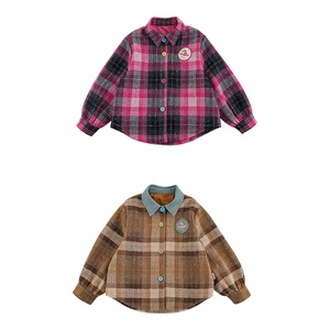 YOEHYAUL Q4084 NO MOQ Sheep Wool Custom Kid Plaid Shirts Girls Autumn Casual Polo Neck Long Sleeve Shirts for Kids