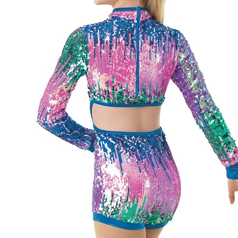 Midee High Quality Ombre Sequins Biketard Long Sleeves Costume Stage Jazz Dance Performance Wear