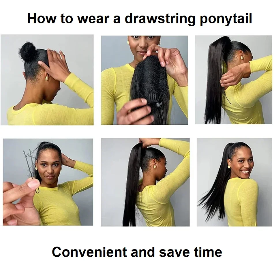 Drawstring Ponytail Straight Remy Human Hair Brazilian Hair Ponytail With Clips 1 Piece Natural Black 16-26 Inch Women Hairpiece_voghion.com