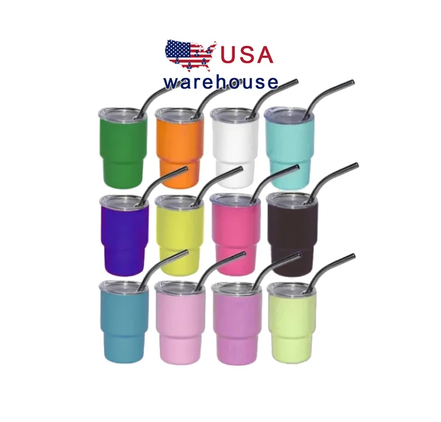 USA ship quality 3oz powder coated 48pcs/case mixed colors laser engrave mini shotglass tumbler with metal straw