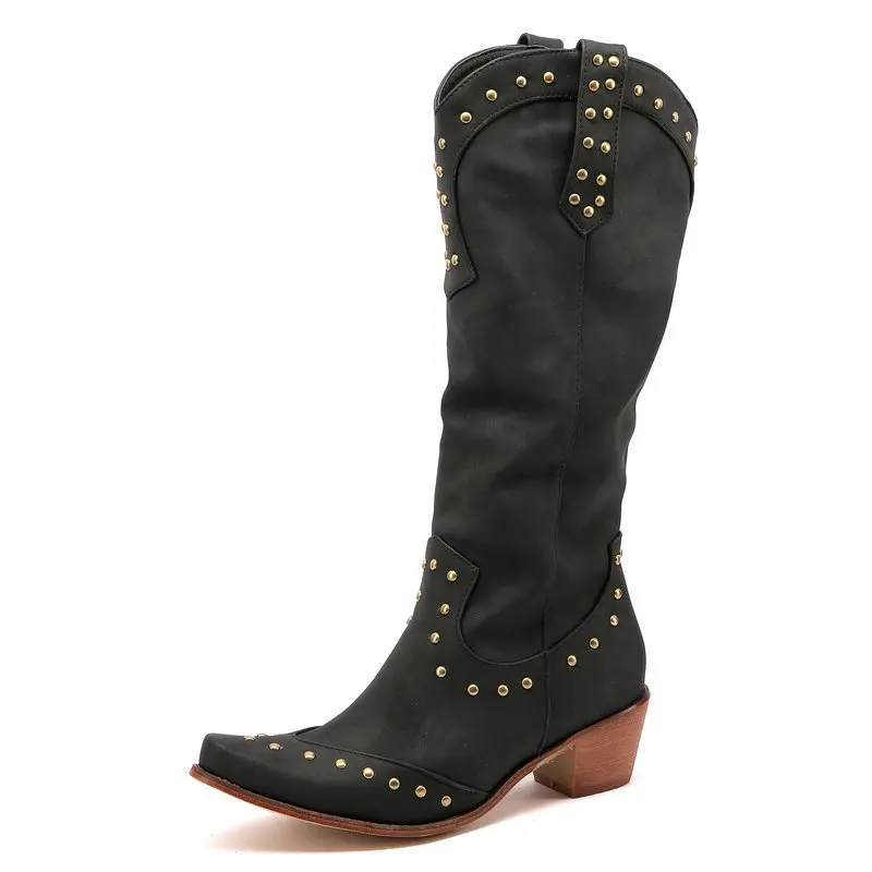 Women Low Heel Studs Design Outdoor Knee High Boots Cowgirl Large Wide Size Vintage Women Suede Western Cowboy Boots - Image 5